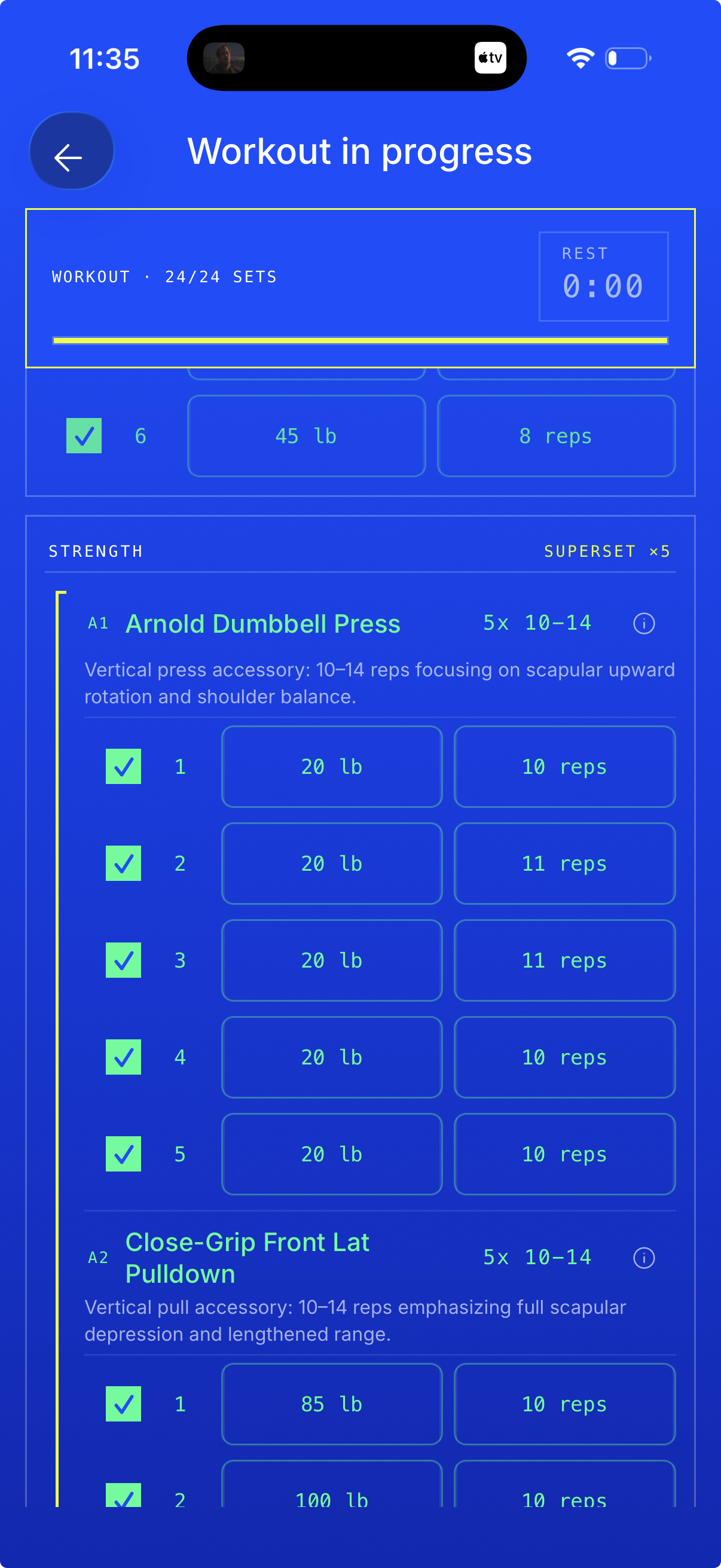 Athos workout tracking screen